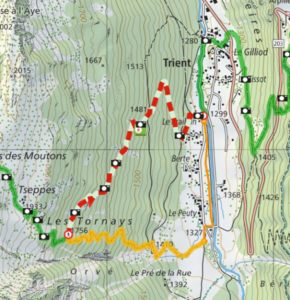 Le sentier en jaune est celui qu'il faut emprunter pour monter aux Tseppes